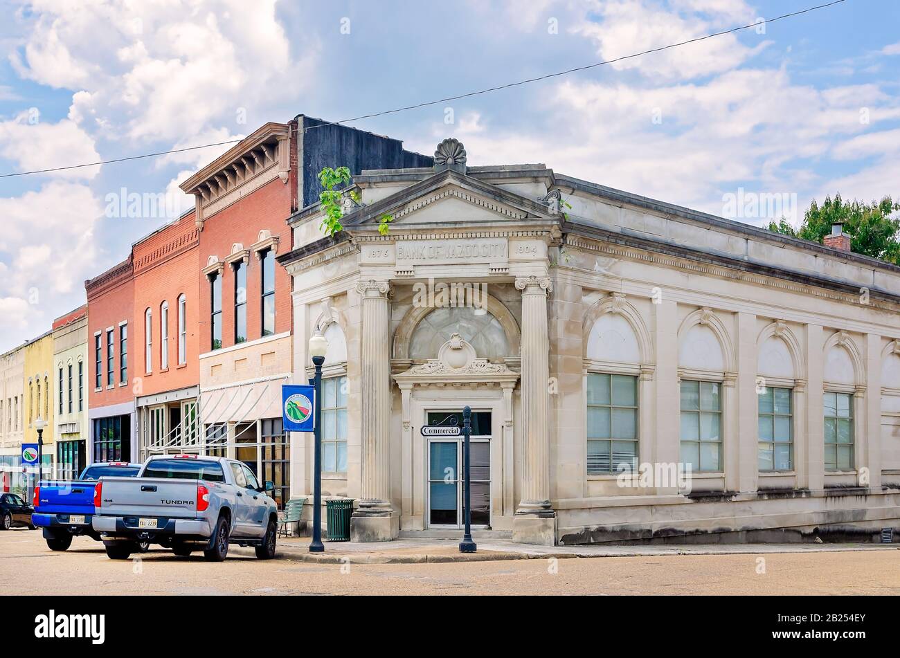 The Bank of Yazoo City is pictured, July 27, 2019, in Yazoo City, Mississippi. It is one of two historic banks in the city inspired by the Beaux-Arts. Stock Photo