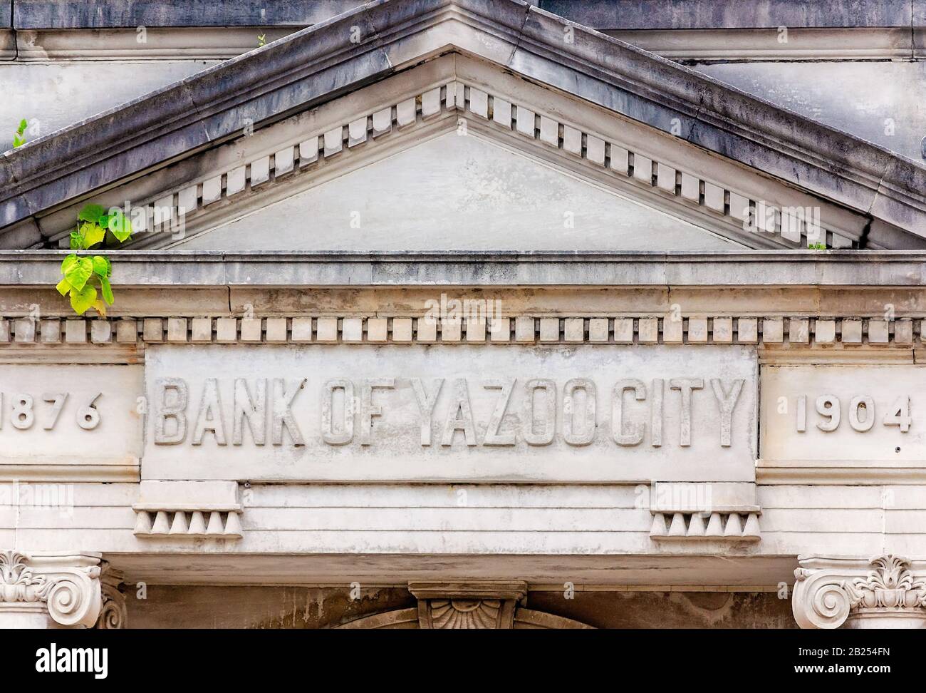 The Bank of Yazoo City is pictured, July 27, 2019, in Yazoo City, Mississippi. It is one of two historic banks in the city inspired by the Beaux-Arts. Stock Photo