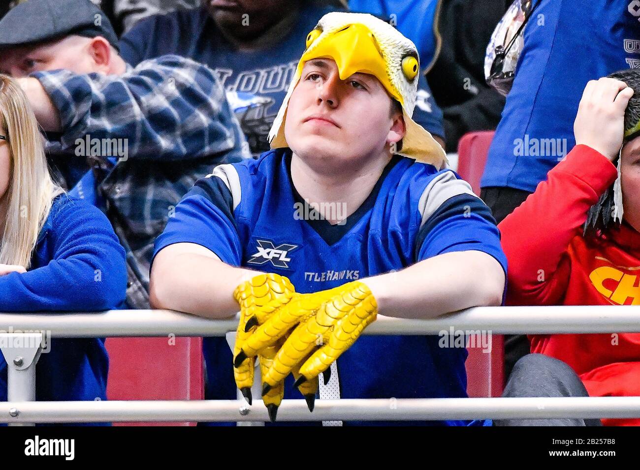 St Louis, USA. 29th Feb, 2020. Feb 29, 2020: A BattleHawks fan takes time to ponder the game in a game where the Seattle Dragons visited the St. Louis Battlehawks. Held at The Dome at America's Center in St. Credit: Cal Sport Media/Alamy Live News Stock Photo