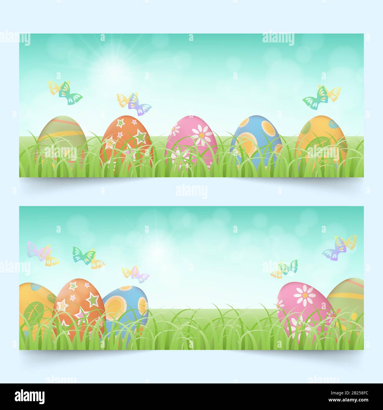 Row of colorful easter eggs behind green grass in a field with butterflies and bright blue sky banners set Stock Vector
