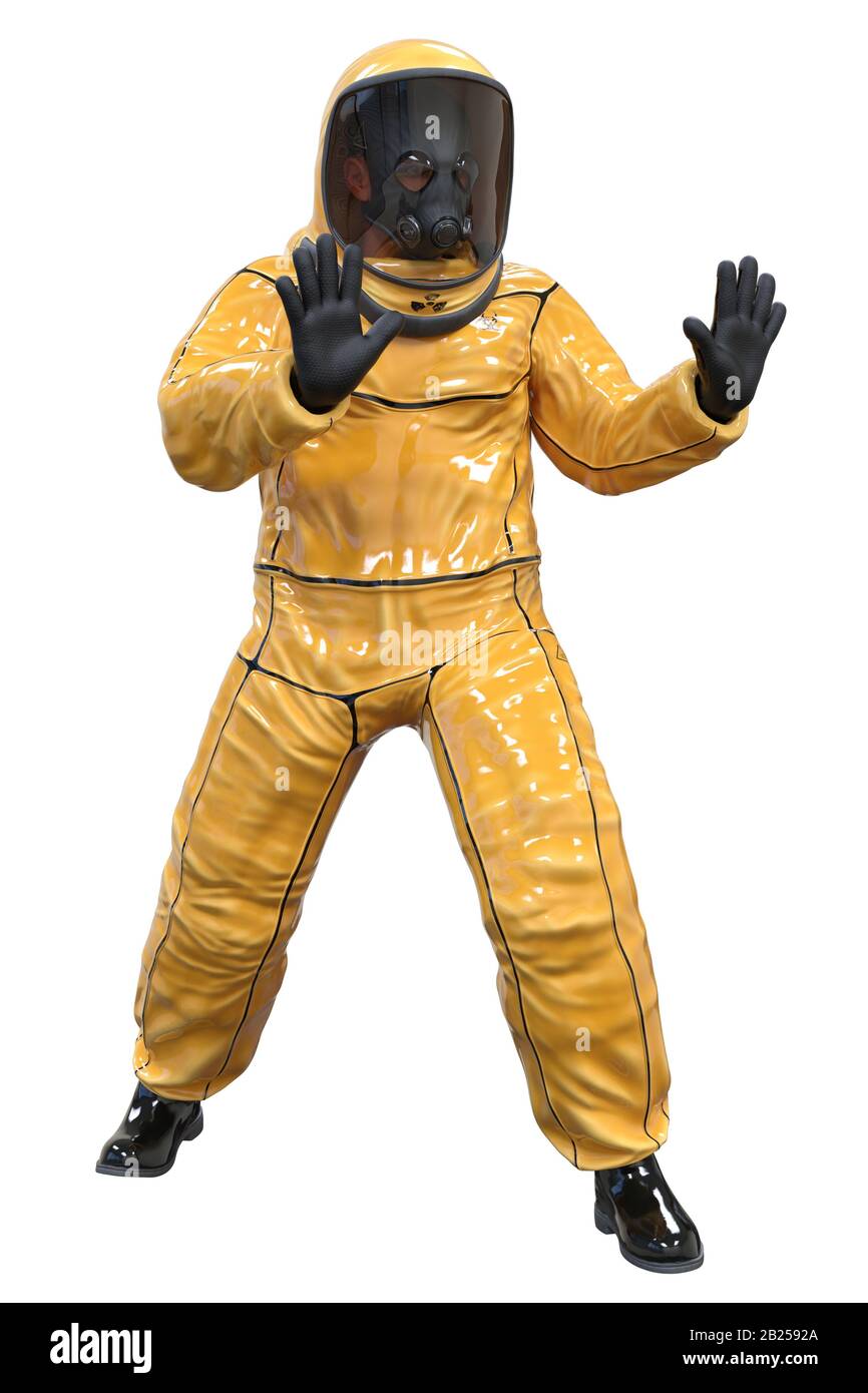 Man in a biohazard suit isolated on white 3d illustration Stock Photo