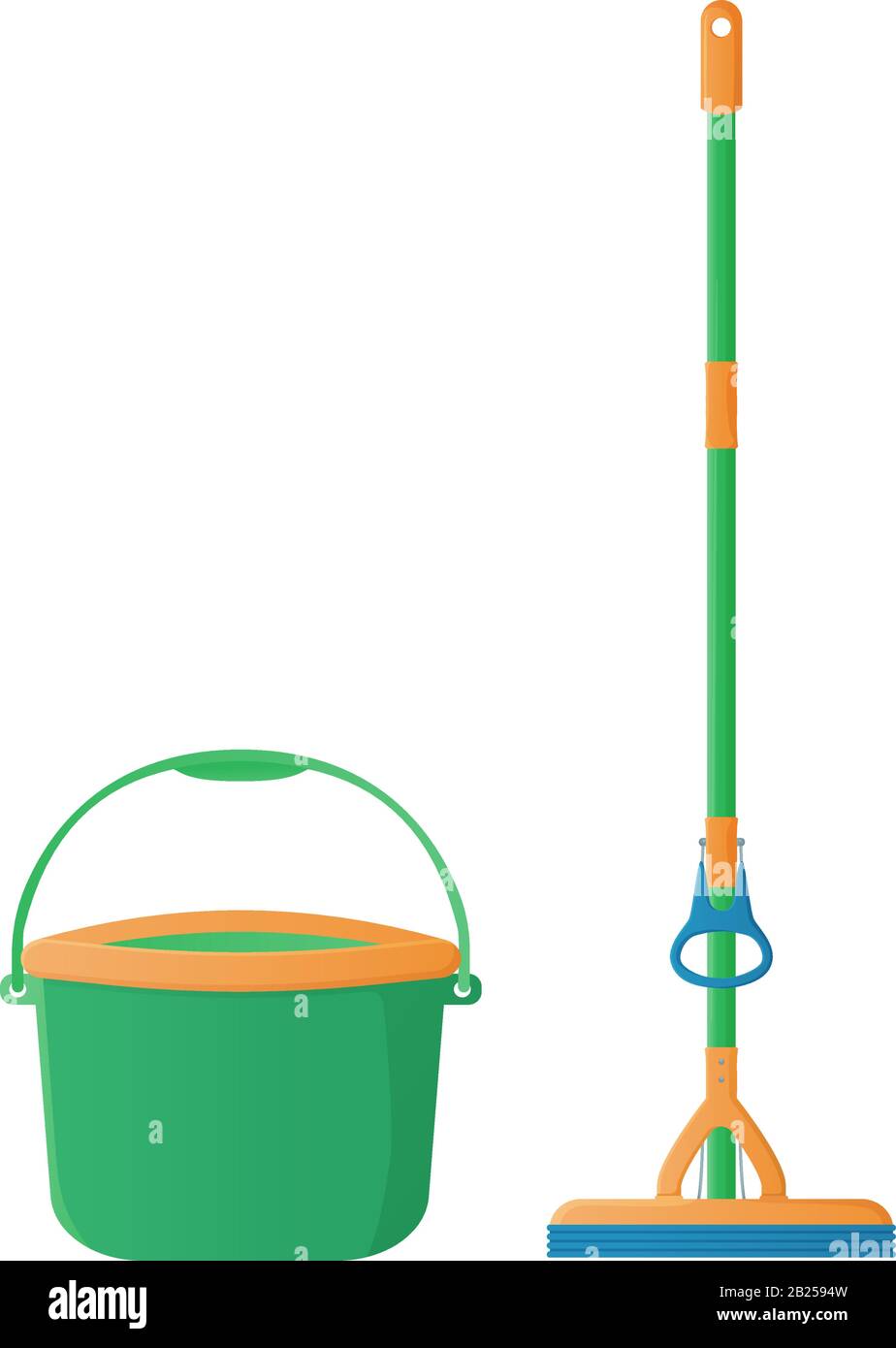 Cartoon sponge mop with hand rubber squeezer with bucket stock vector illustration. Cleaning services, household concept. Equipment for housework Stock Vector