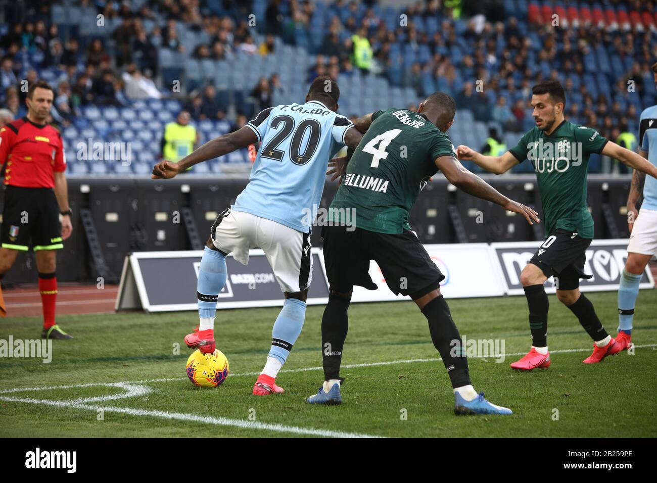 Rome, Italy. 29th Feb, 2020. At Stadio Olimpico SS Lazio beat 2-0 Bologna FC and take the first position In Italian Serie A. In this picture Felipe Caceido and Stefano Denswil (Photo by Paolo Pizzi/Pacific Press/Sipa USA) Credit: Sipa USA/Alamy Live News Stock Photo