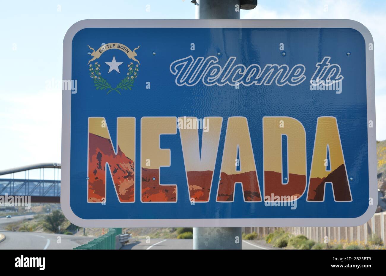 to Nevada Sign on the border with Arizona. In Laughlin, Clark