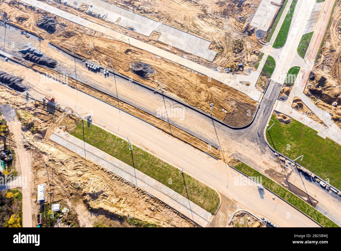 aerial top down view on road construction site. road junction under construction Stock Photo