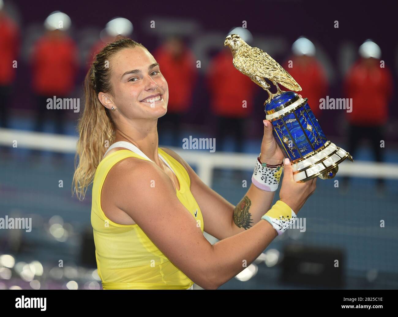 Doha, Qatar. 29th Feb, 2020. Aryna Sabalenka of Belarus celebrates with the  trophy during the awarding ceremony after winning the women's singles final  match against Petra Kvitova of the Czech Republic at