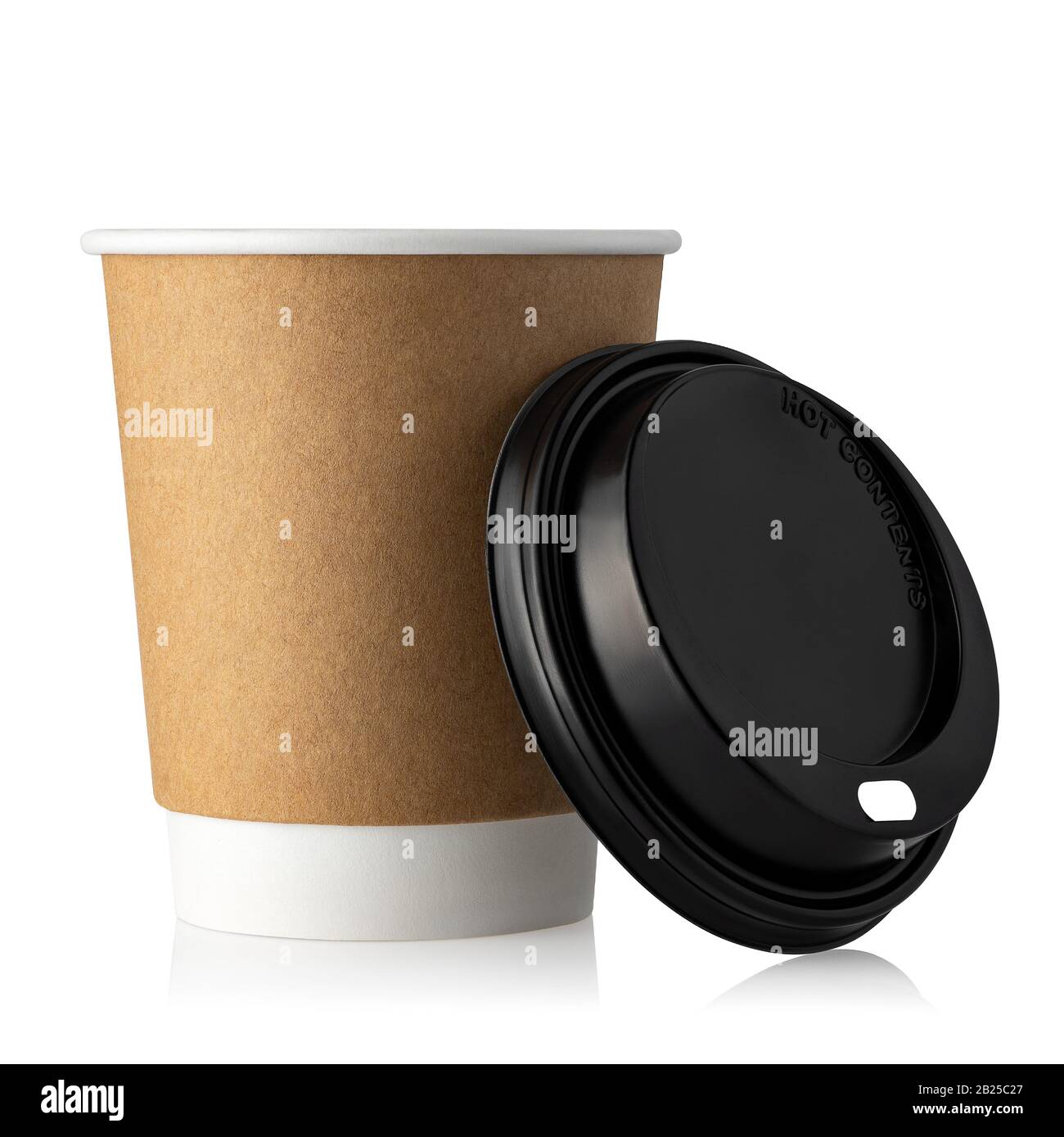 takeaway disposable paper cup for coffee or tea with open black cap isolated on white background Stock Photo
