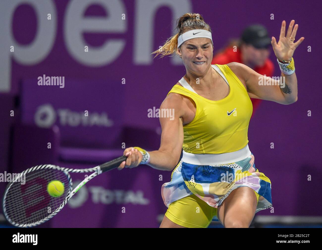 Doha, Qatar. 29th Feb, 2020. Aryna Sabalenka of Belarus hits a return  during the women's singles final match against Petra Kvitova of the Czech  Republic at the 2020 WTA Qatar Open in