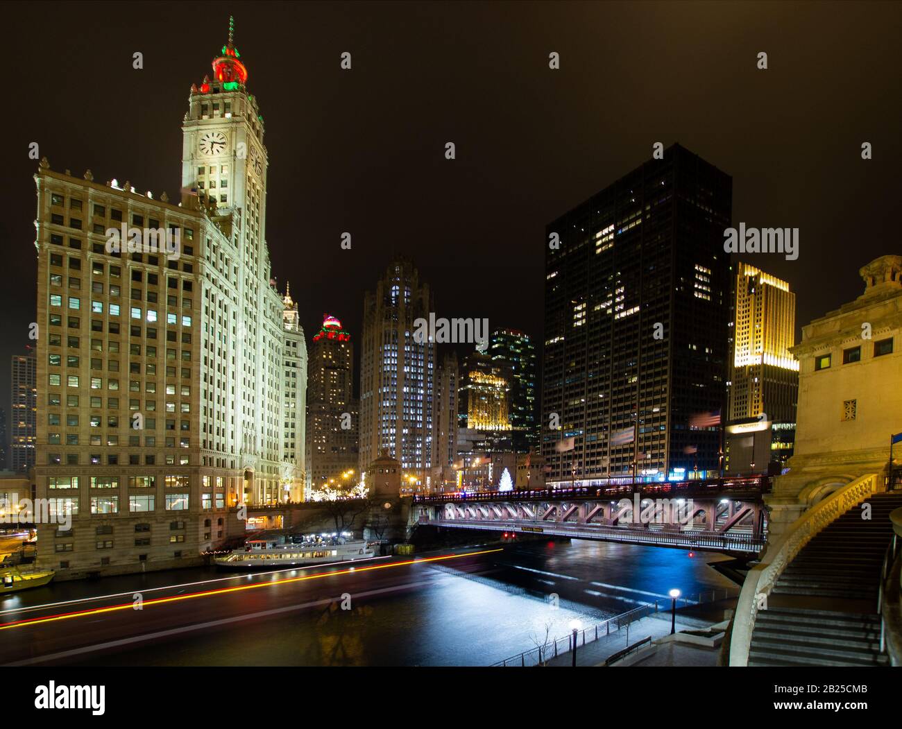 DuSable Bridge over Chicago River under Holiday Night Lights Stock Photo