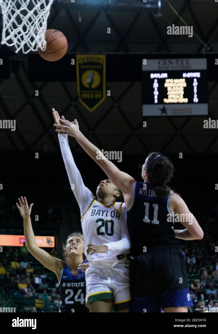 Waco, Texas, USA. 29th Feb, 2020. Kansas State Wildcats forward Peyton Williams (11) fouls Baylor Lady Bears guard Juicy Landrum (20) during the 2nd half of the NCAA Women's Basketball game between Kansas State and the Baylor Lady Bears at The Ferrell Center in Waco, Texas. Matthew Lynch/CSM/Alamy Live News Stock Photo
