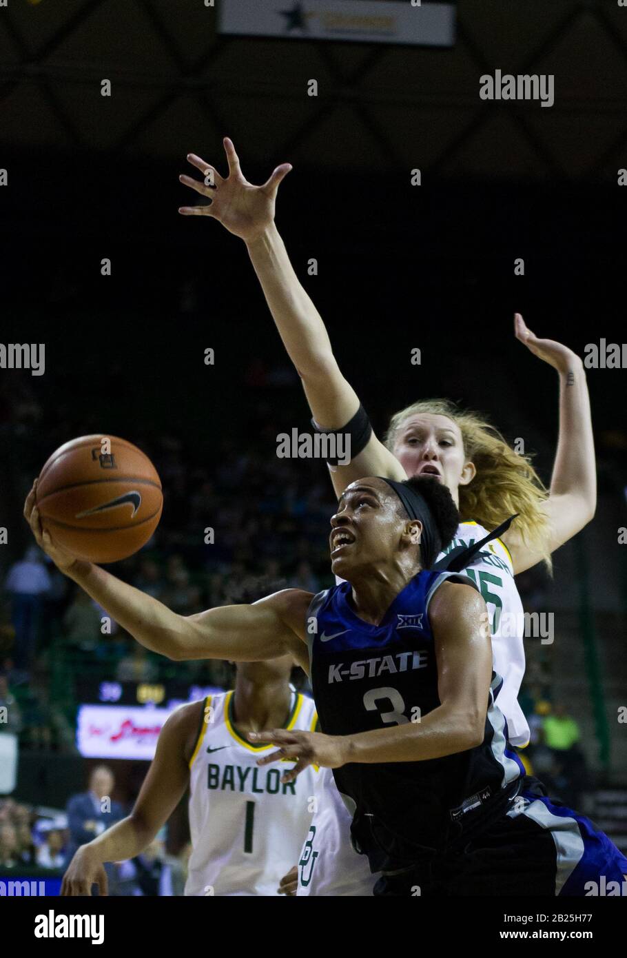 Waco, Texas, USA. 29th Feb, 2020. Kansas State Wildcats guard Angela Harris (3) attempts a shot against Baylor Lady Bears forward Lauren Cox (15) during the 1st half of the NCAA Women's Basketball game between Kansas State and the Baylor Lady Bears at The Ferrell Center in Waco, Texas. Matthew Lynch/CSM/Alamy Live News Stock Photo