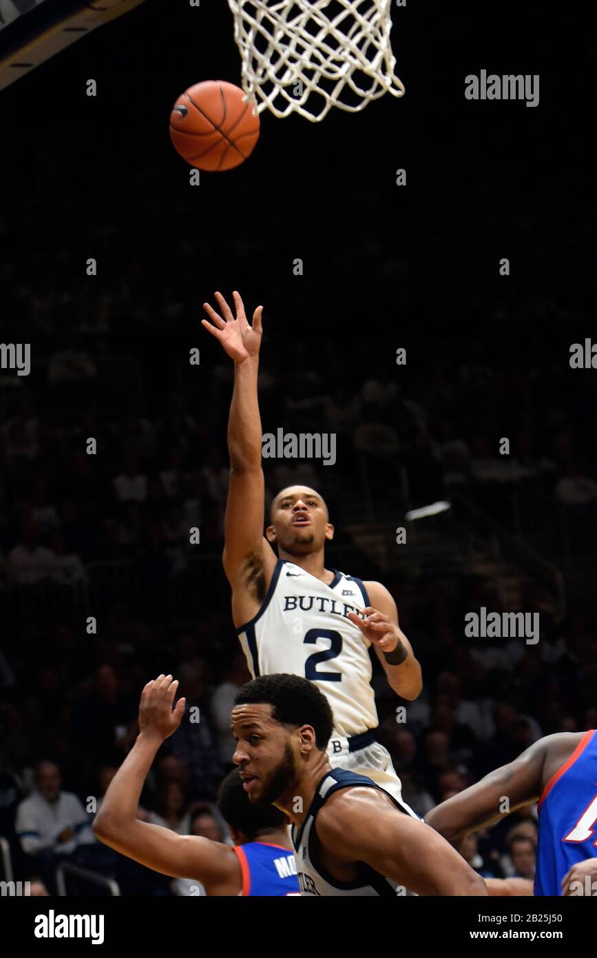 Indianapolis, Indiana, USA. 29th Feb, 2020. Butler Bulldogs guard AARON THOMPSON (2) puts up a floater to score during the first half at Hinkle Fieldhouse in Indianapolis. Credit: Richard Sitler/ZUMA Wire/Alamy Live News Stock Photo