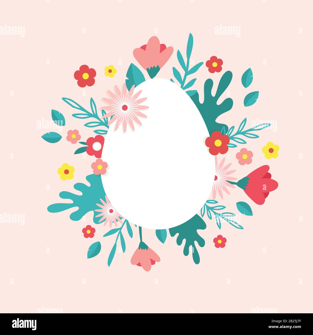 Happy Easter. Greeting card, posteror banner with bunny, flowers and Easter egg. Egg hunt poster. Spring background, vector illustration Stock Vector