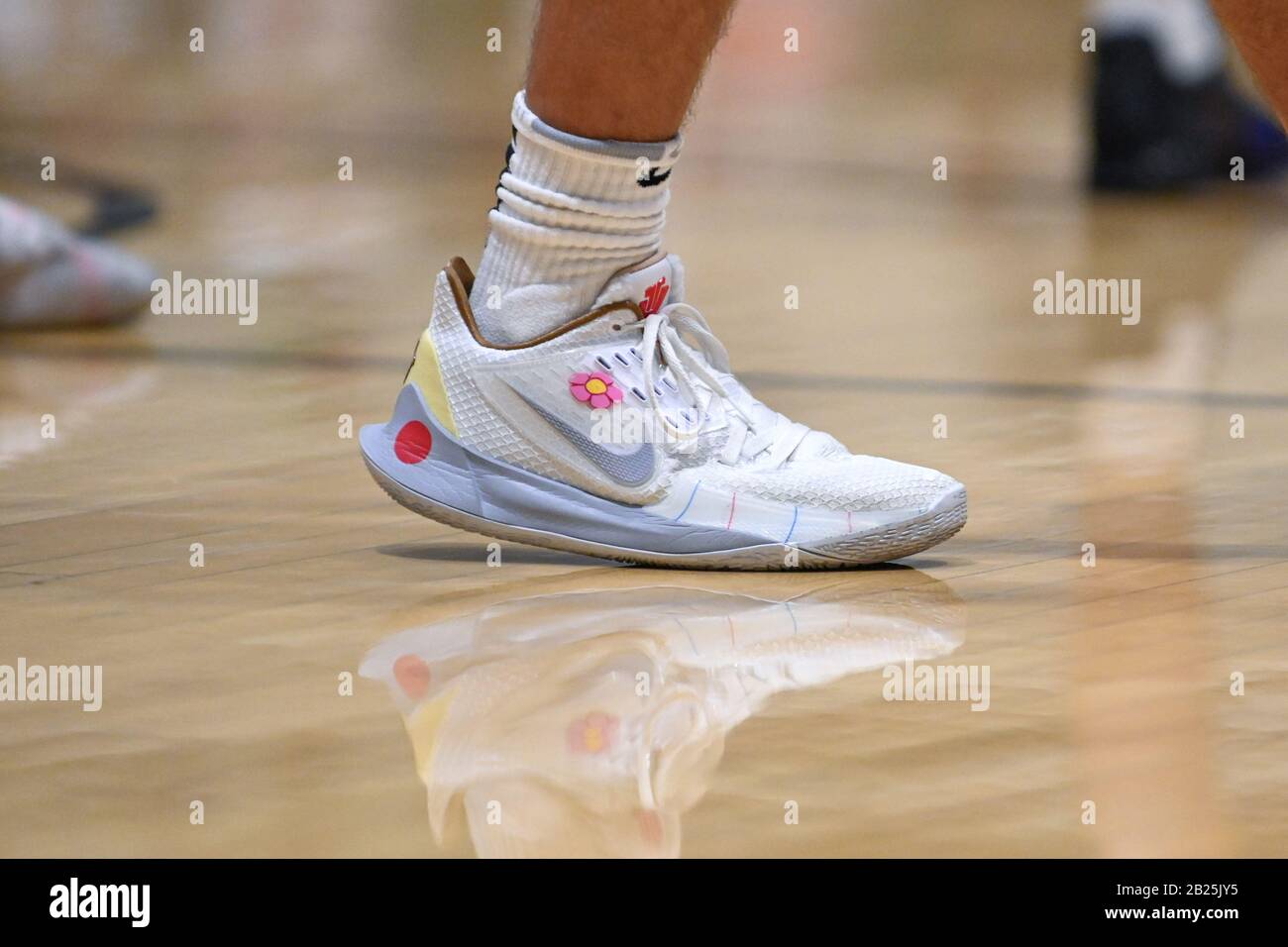 Azusa, USA. 29th Feb, 2020. Detailed view of the Nike Kyrie 2 Low SpongeBob  Sandy Cheeks worn by Riverside Poly Bears guard Budd Bernie (5) during a CIF  Southern Section Division 1