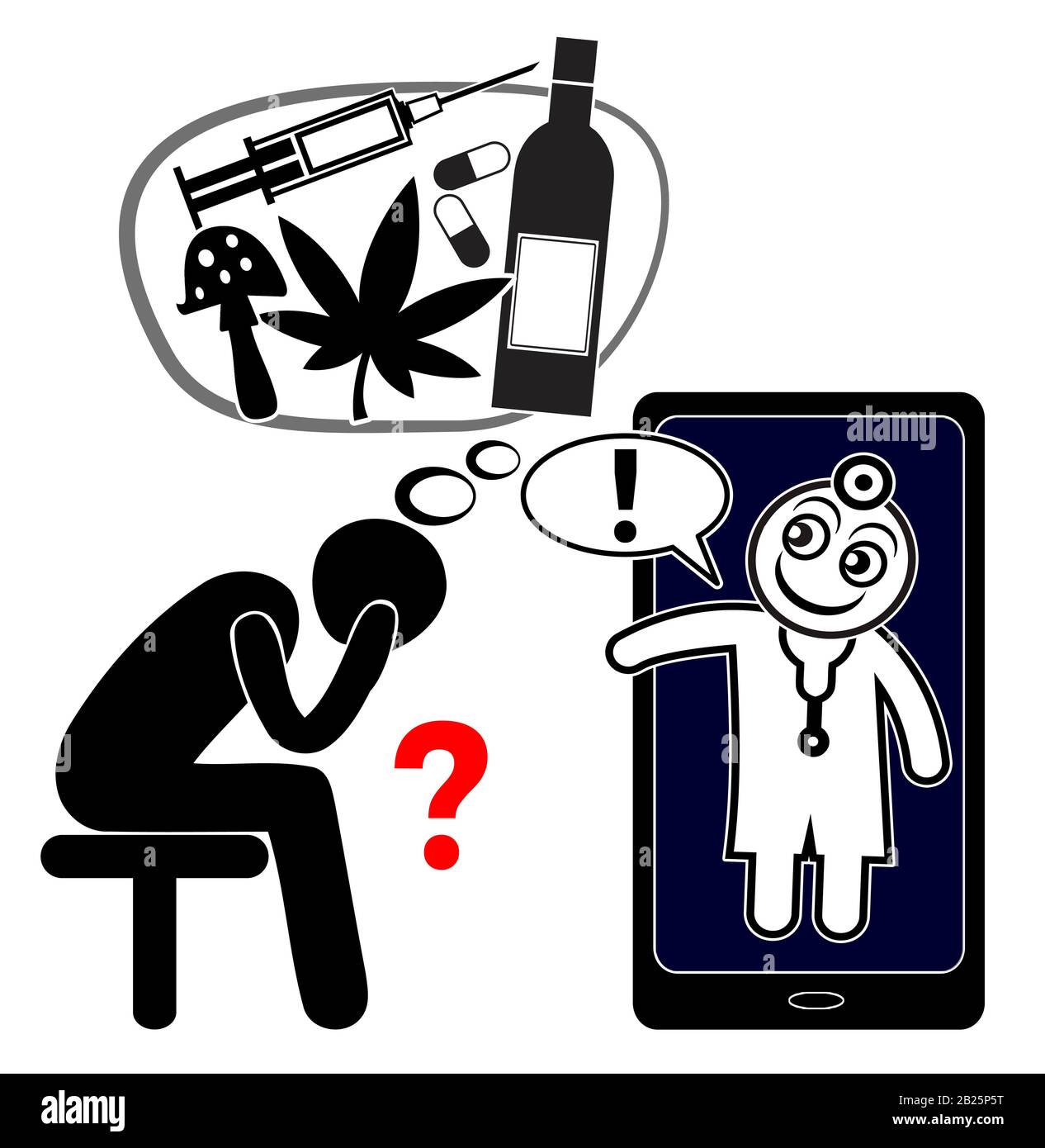 Call for medical help in order to withdraw from drugs like heroin, opioid, magic mushrooms, alcohol or cannabis. Stock Photo