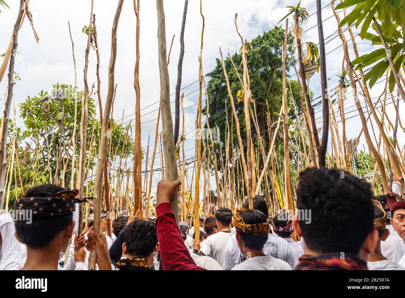 Balinese Hindu during Mekotek ceremony at Kuningan celebration. Munggu ...