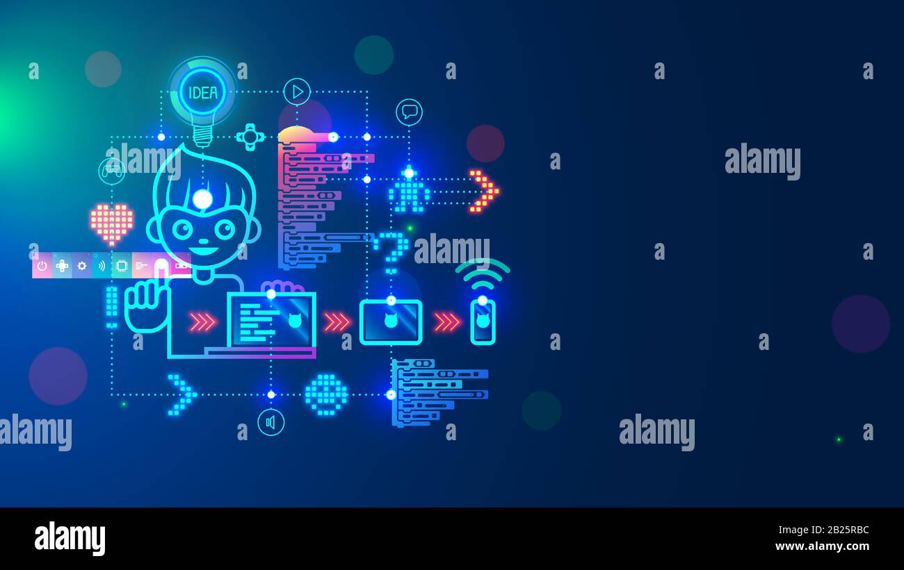 A smiling clever boy with idea symbol bulb is programming on laptop in computer language scratch. Teaching children in kids coding school. Learning to Stock Vector