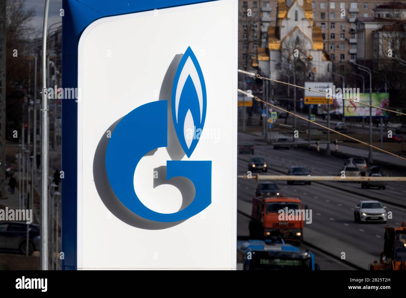 Russian energy corporation Gazprom logo at a gas station on the background of Andropov Avenue in Moscow, Russia Stock Photo