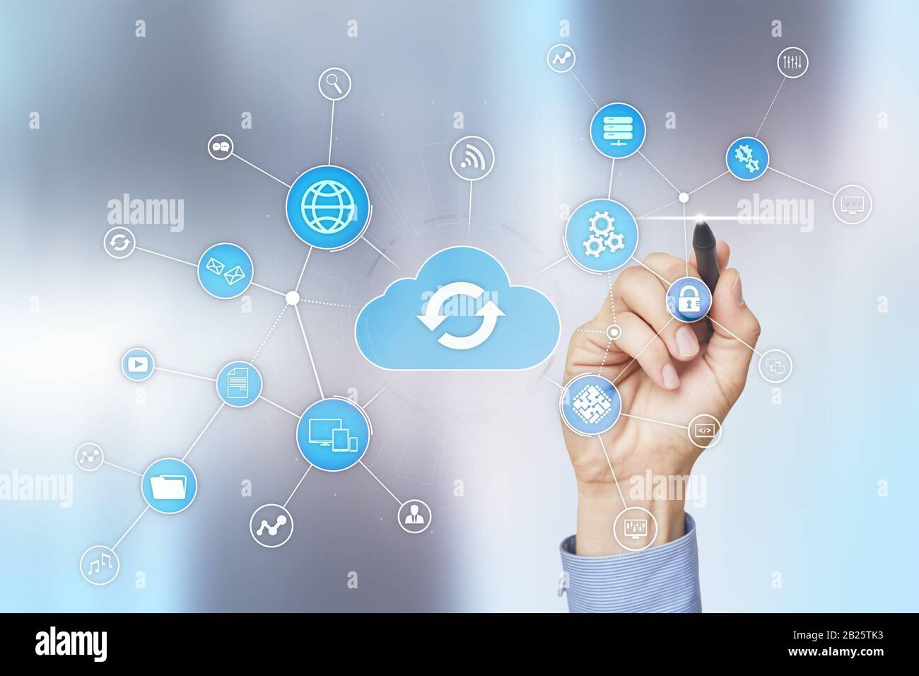 Cloud technology concept on virtual screen. Data storage and computing Stock Photo