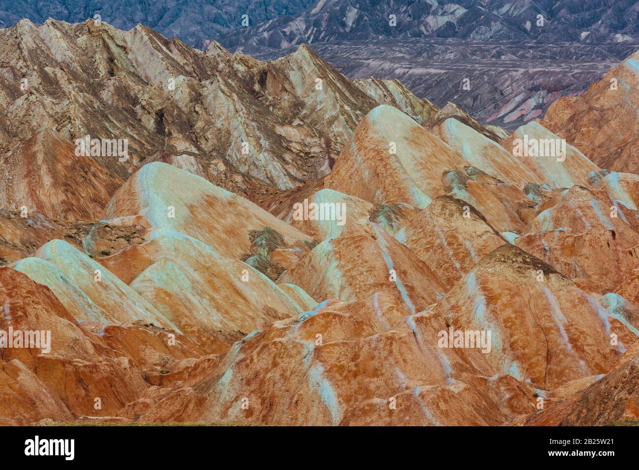 view of Rainbow Mountains in Zhangye Danxia Landform Geological Park Stock Photo