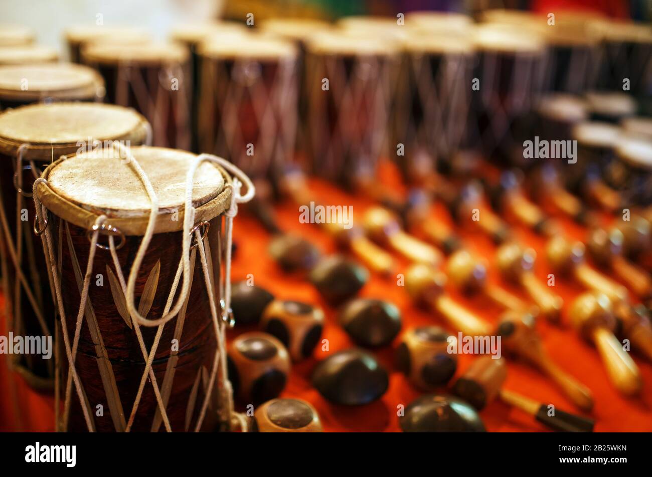 Various colorful musical instruments drums in asia street market near