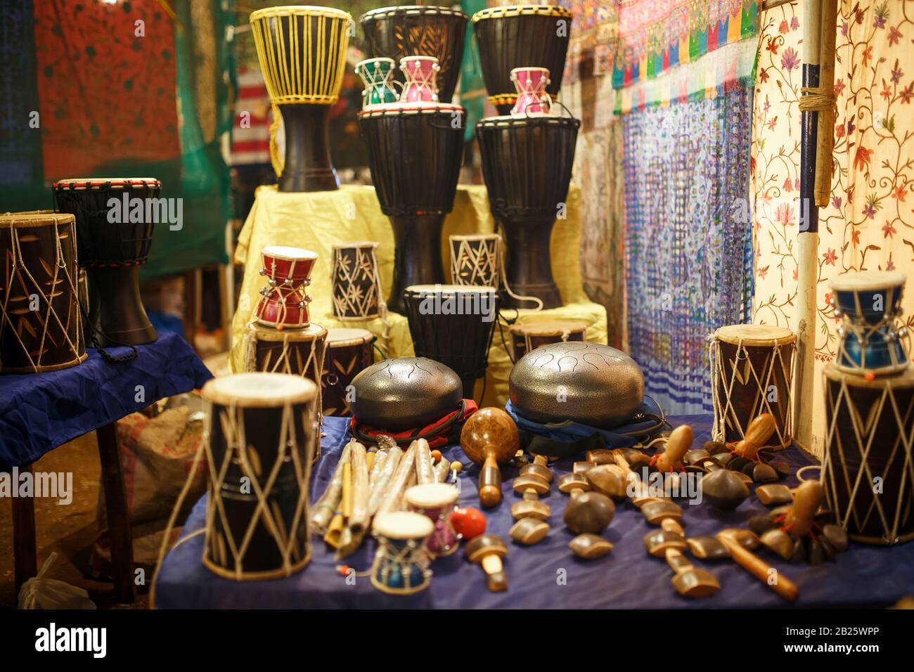Various colorful musical instruments drums in asia street market near