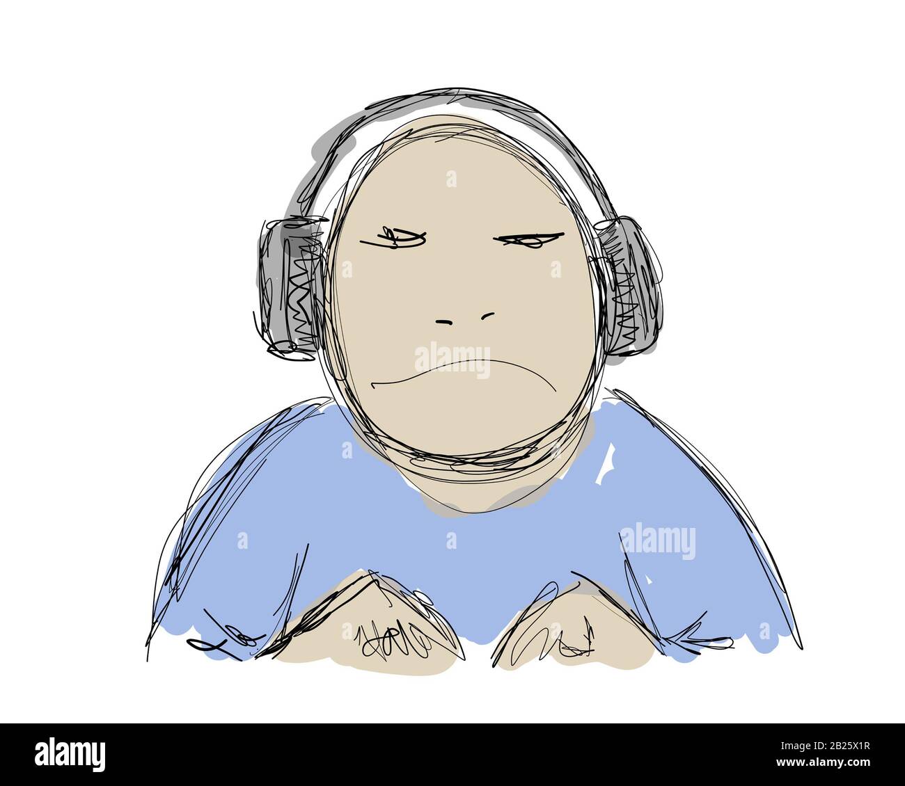 Digitla sketch of middle aged grumpy man listening to music on headphones Stock Photo