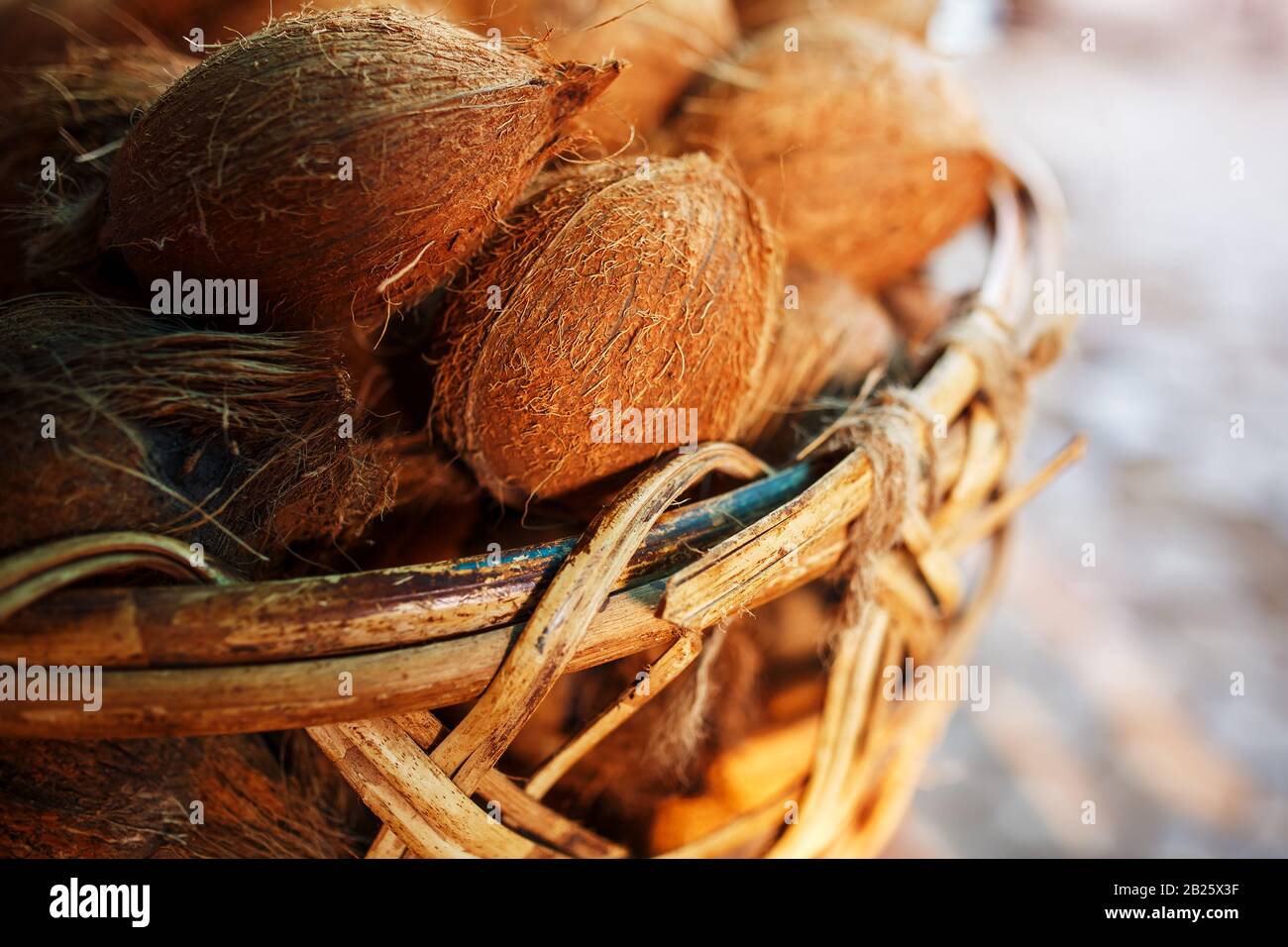 Coconuts in a wicker basket of brown color with fibers lit by sunlight.  Stack on the market. India Stock Photo - Alamy