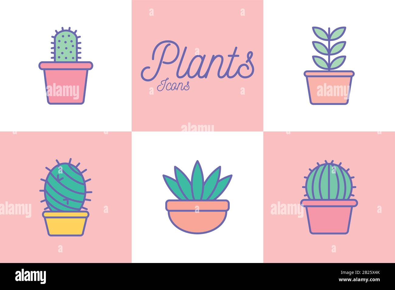 Isolated plants inside pots line and fill style icon set vector design ...