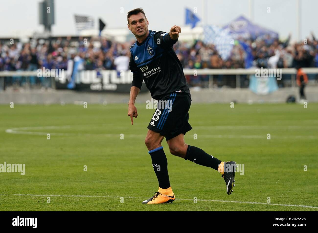 San Jose Earthquakes forward Chris Wondolowski (8) celebrates during the second half of the MLS soccer game against the Toronto FC, Saturday, Feb. 28, 2020, in San Jose, Calif. The San Jose Earthquakes and the Toronto FC tied the game 2-2. (Photo by IOS/ESPA-Images) Stock Photo