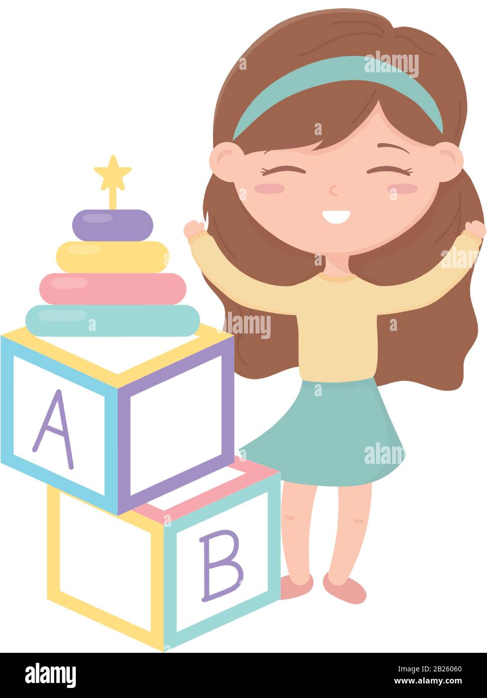 kids zone, little girl alphabet blocks and stacking tower toys vector