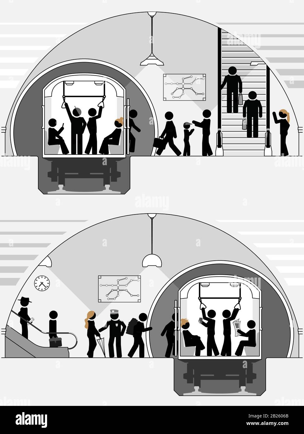 Busy underground rapid transit system. Stock Vector