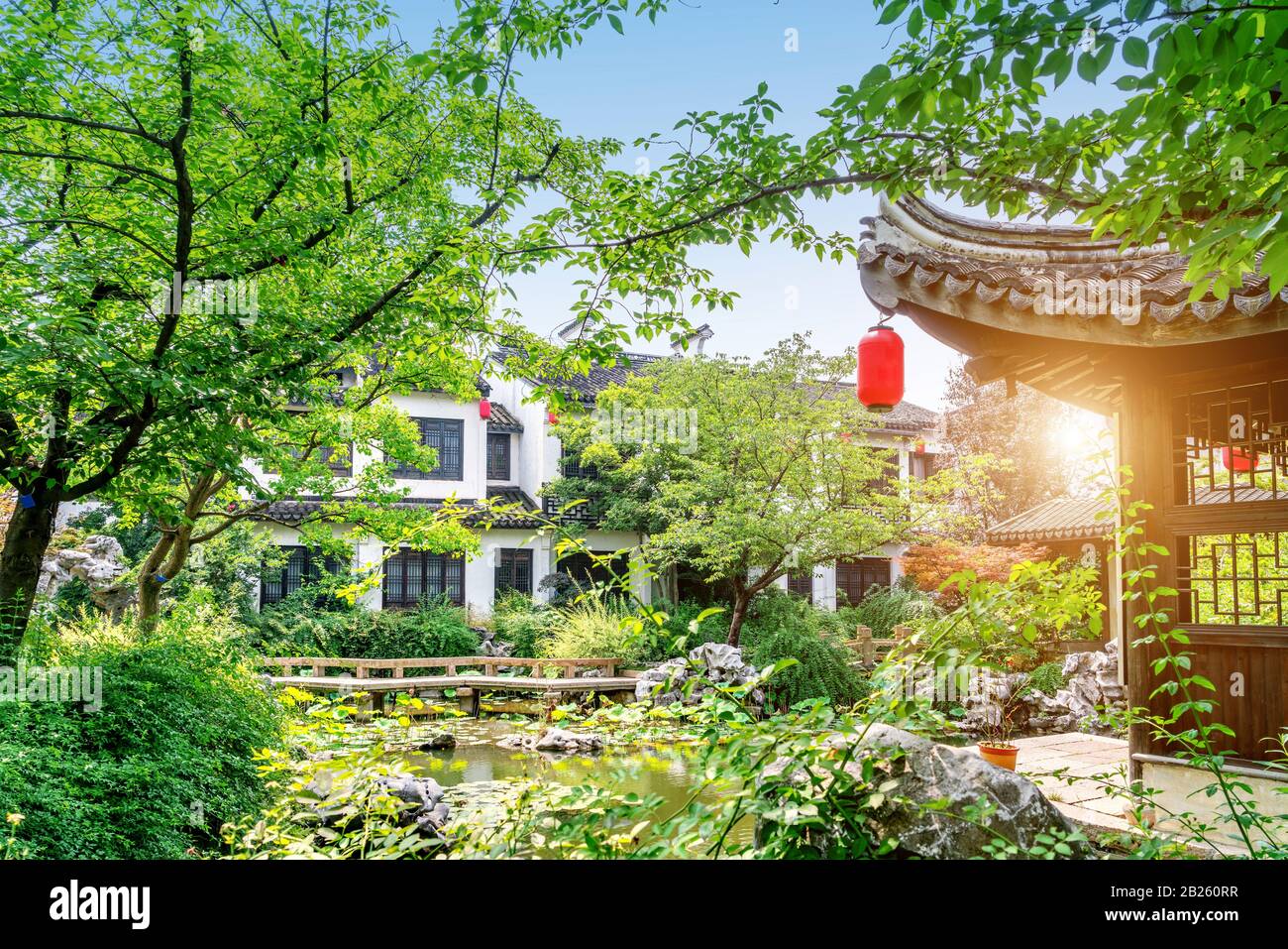 Wuxi, China, a garden of ancient architecture, the text on the pavilion is  the introduction of the garden name and garden Stock Photo - Alamy, image size:1300x957