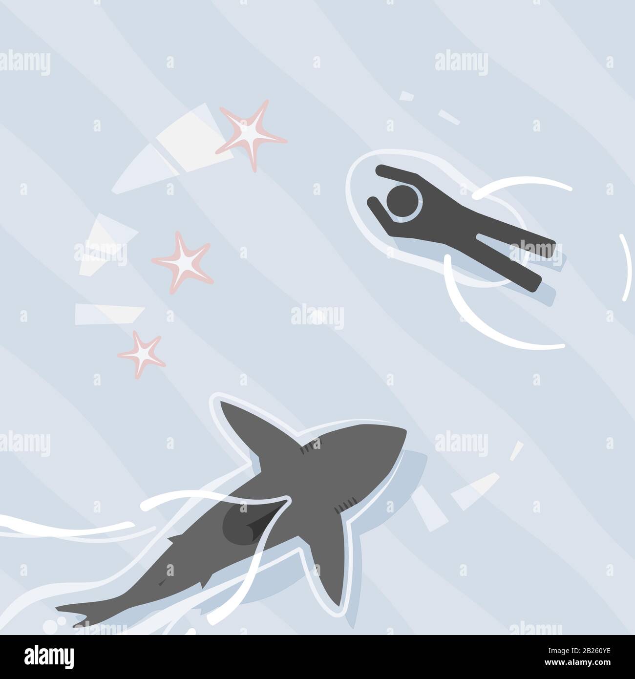 Top view of shark and swimmer in shallow waters. Stock Vector