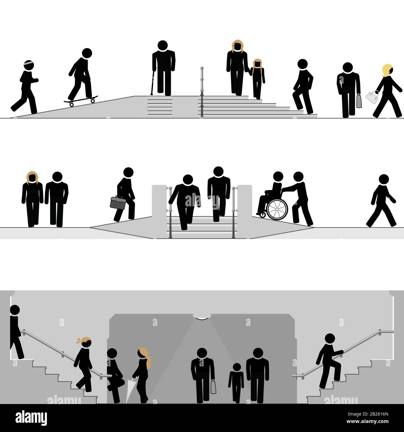 Public spaces equipped with stairs and ramps. Stock Vector