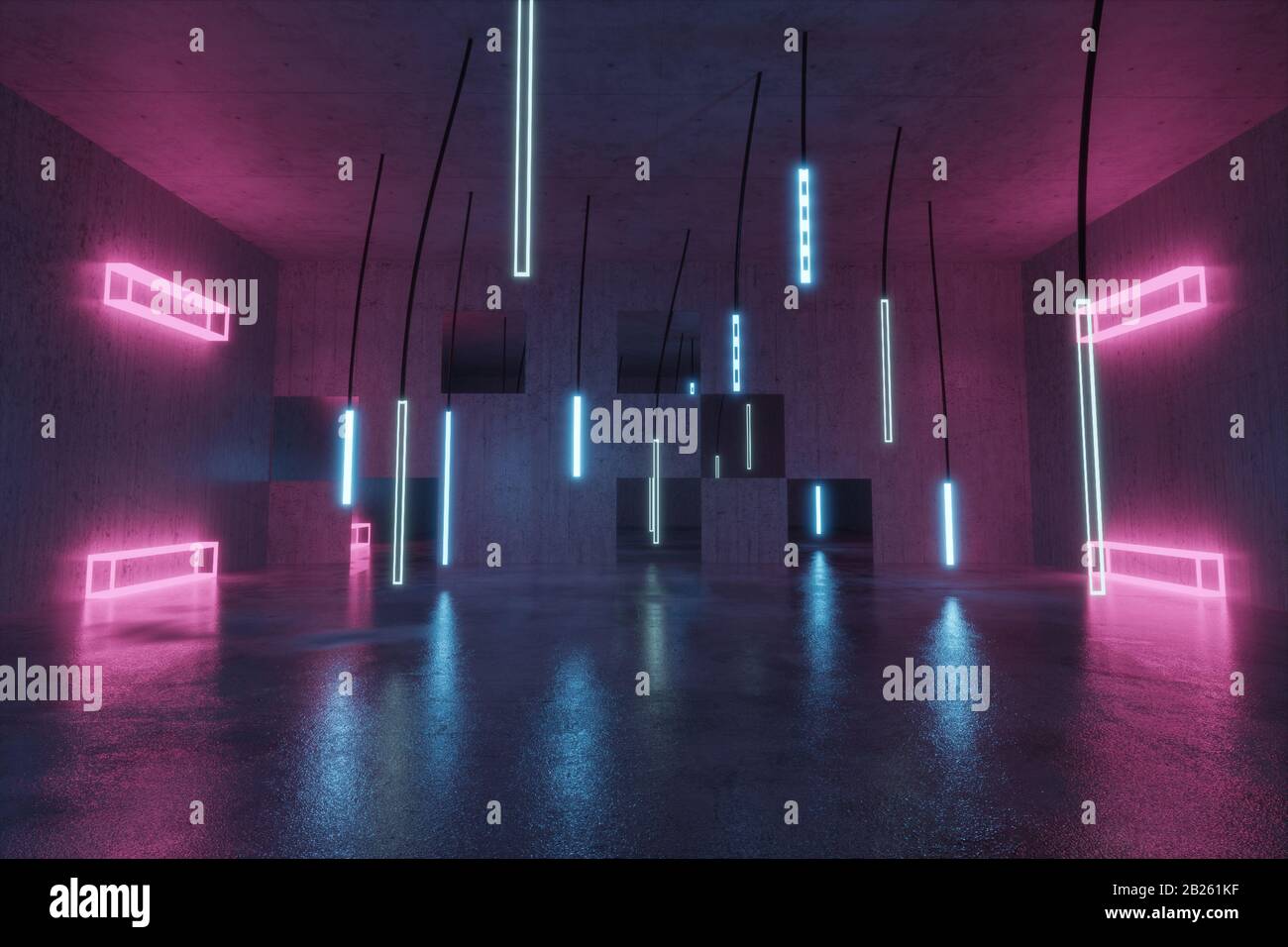 3d rendering of concrete background with illuminated hanging led panels ...