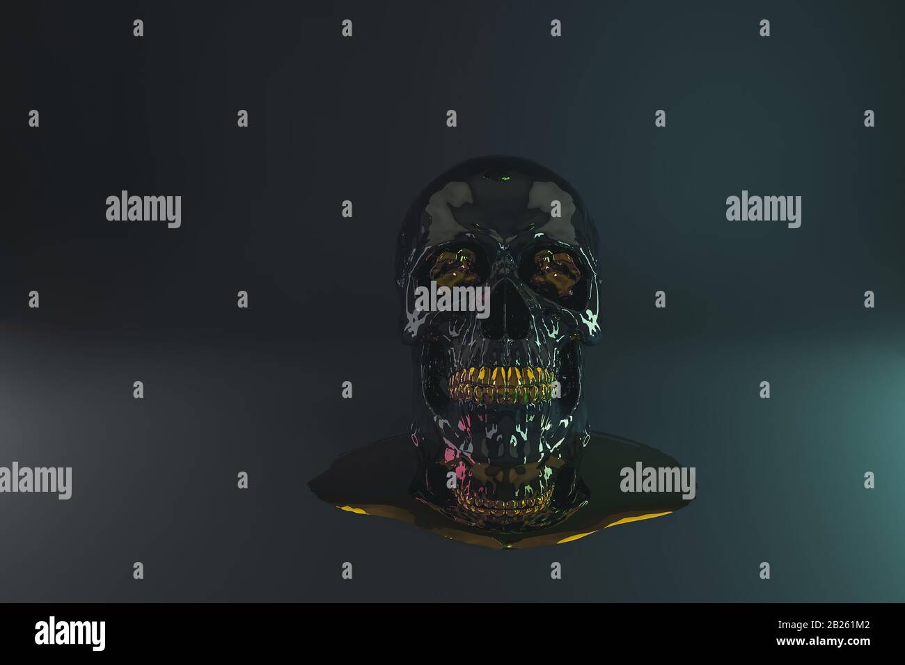 3d rendering of black glossy skull with golden teeth and gold stones in the eye socket Stock Photo