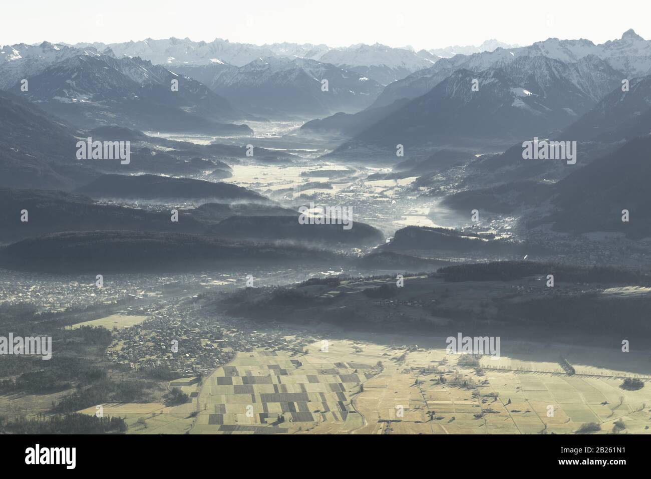 Aerial view to the Austrian mountains and the city of Feldkirch Stock Photo