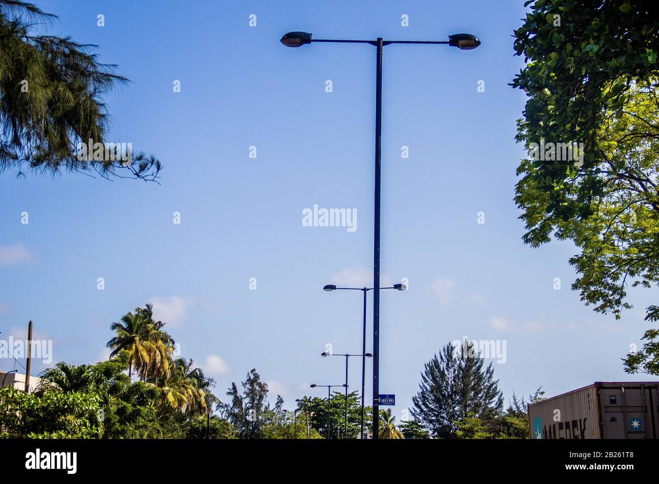 trees and streetlights against the blue sky on a street in Lagos, Nigeria. Stock Photo