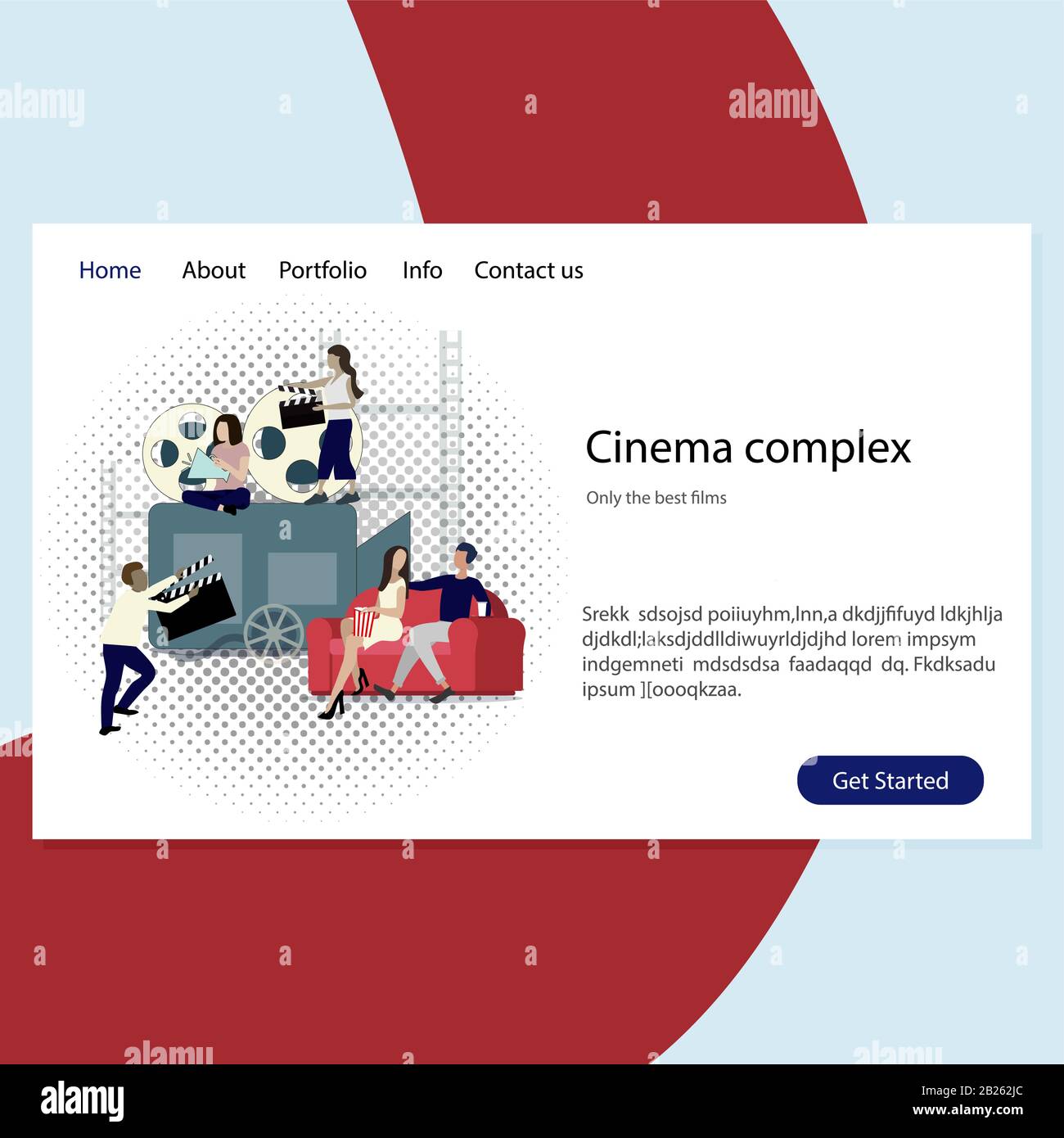 Cinema complex website, entertainment and leisure. Service show film, web page movie house. Vector illustration multimedia event Stock Vector