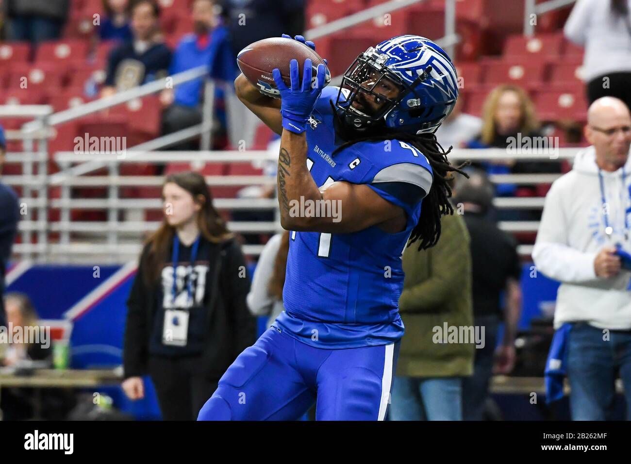 St. Louis. 29th Feb, 2020. St. Louis Battlehawks safety Joe Powell (44) catches the ball in warmups between the St. Louis Battlehawks and the Seattle Dragon an XFL football game, Saturday, Feb. 29, 2020, in St. Louis, Mo. The Battlehawks defeated the Dragons 23-16. Credit: European Sports Photographic Agency/Alamy Live News Stock Photo