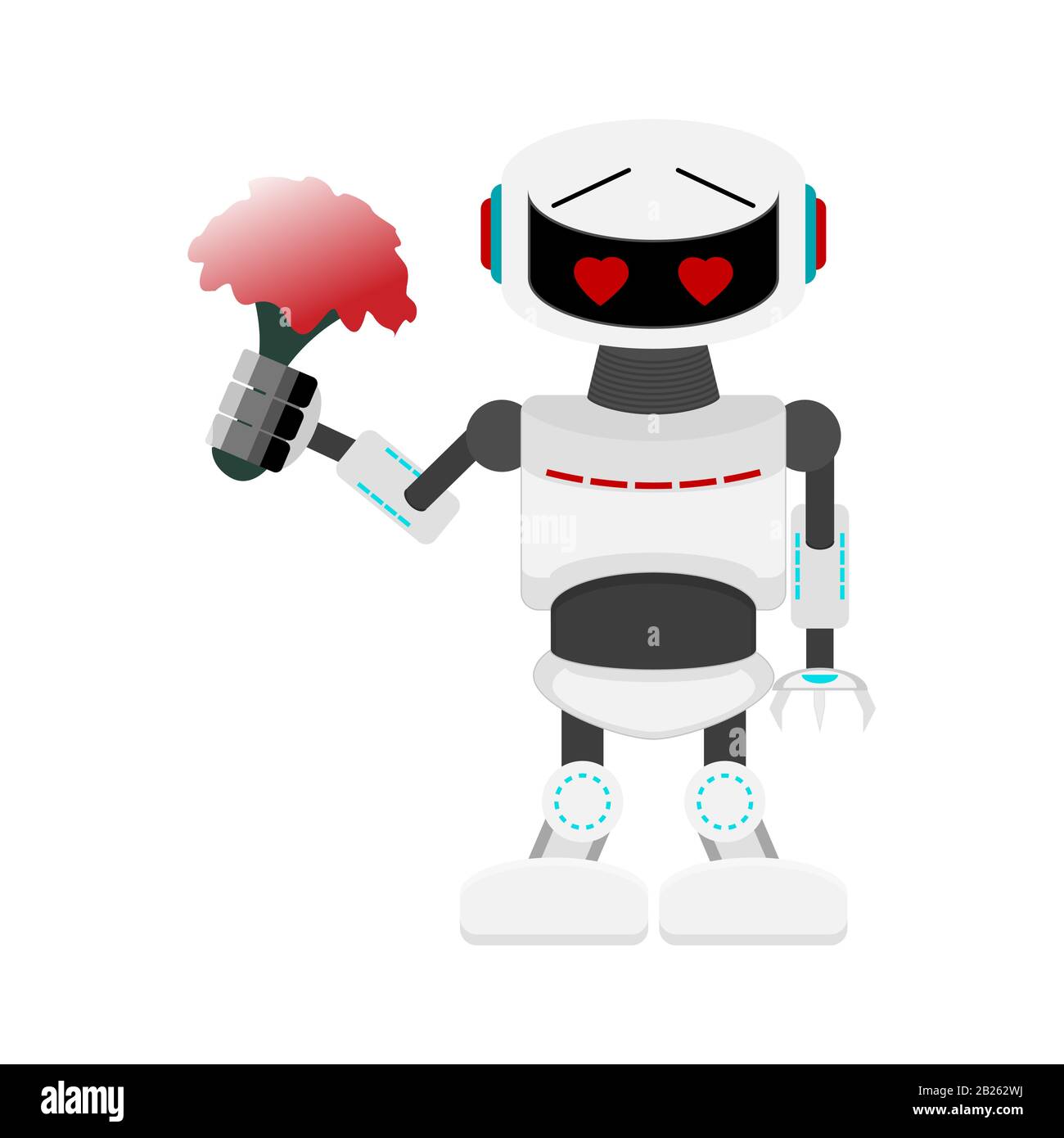 Robot in love with bouquet flowers. Love artificial intelligence, robot machine for valentine day card, character intelligence, humanoid valentine lov Stock Vector