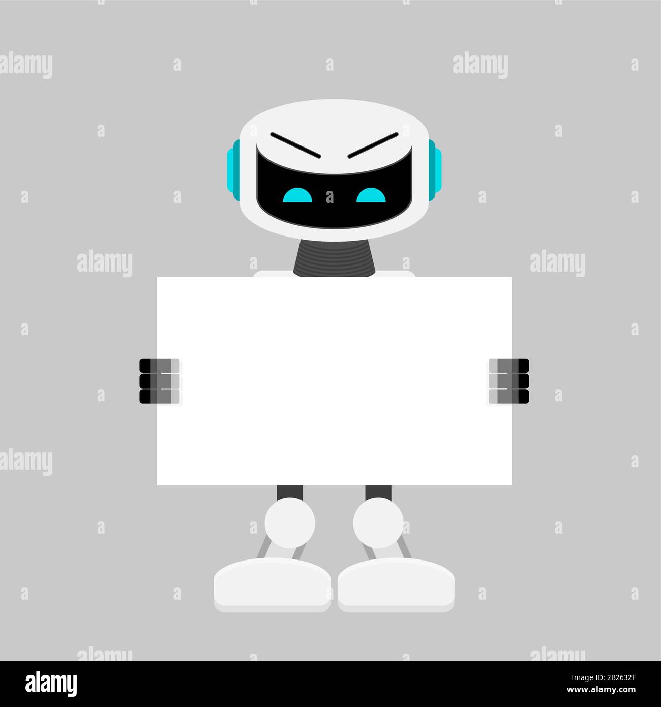 Robot hold white banner, ai character. Vector robot cyborg, robotic with billboard, mechanism intelligence illustration Stock Vector