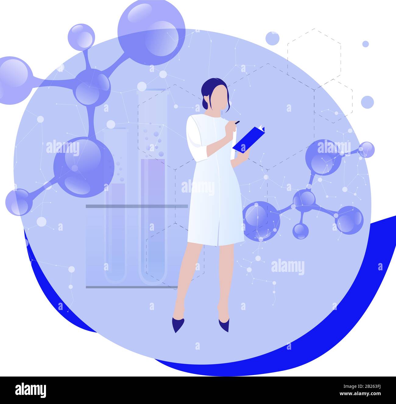 Female scientist in lab coat researching molecular connection. Concept of biochemistry, research, analysis. Vector scientific algorithm, ai neuroscien Stock Vector