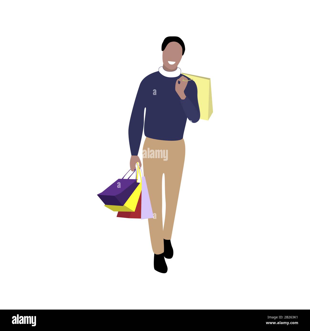 Shopper with packs purchase. Character customer, consumerism concept, man after shopping in mall. Vector Illustration Stock Vector
