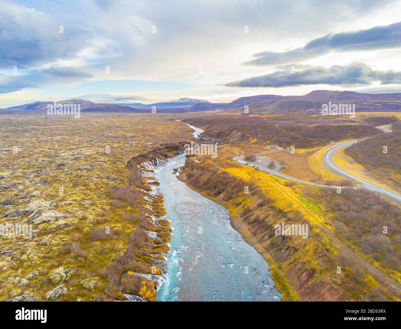 Hraunfossar series of waterfalls barnafoss aerial image of turquoise ...