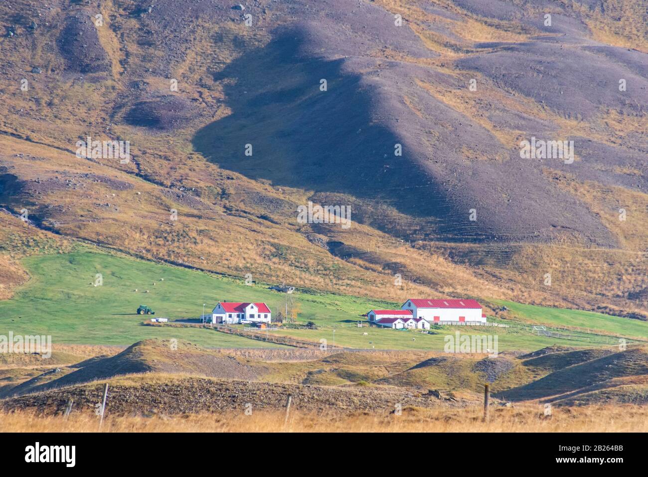 Northern Iceland farm based at the foot of a mountain slope during sunshine day Stock Photo