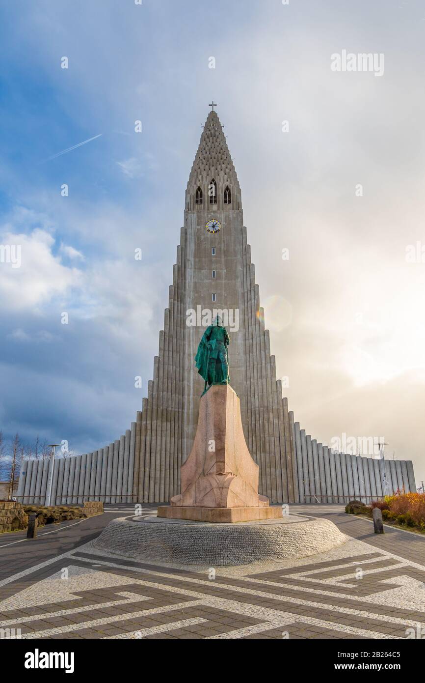 Reykjavik in Iceland Hilgrimskirkja Hilgims church during beautiful sunny day Stock Photo