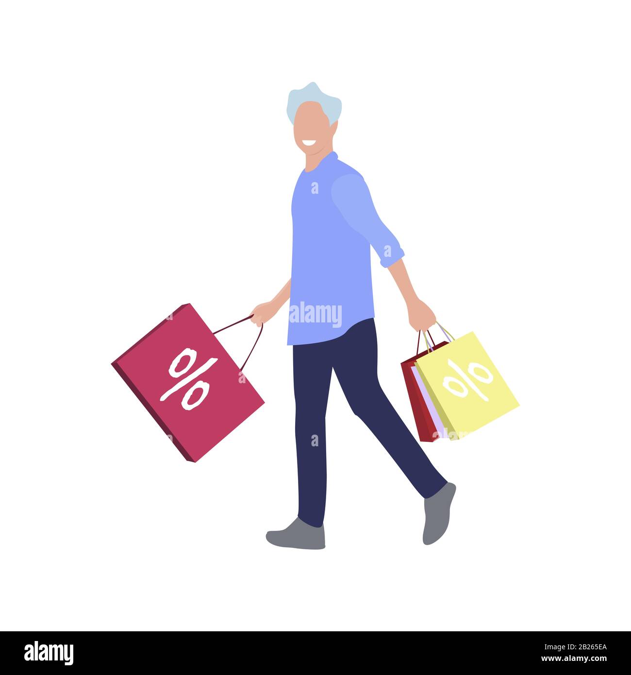 Man with shopping bag, sale and discount. Vector customer with purchase, people after shop illustration, buyer retail cartoon, consumer person Stock Vector
