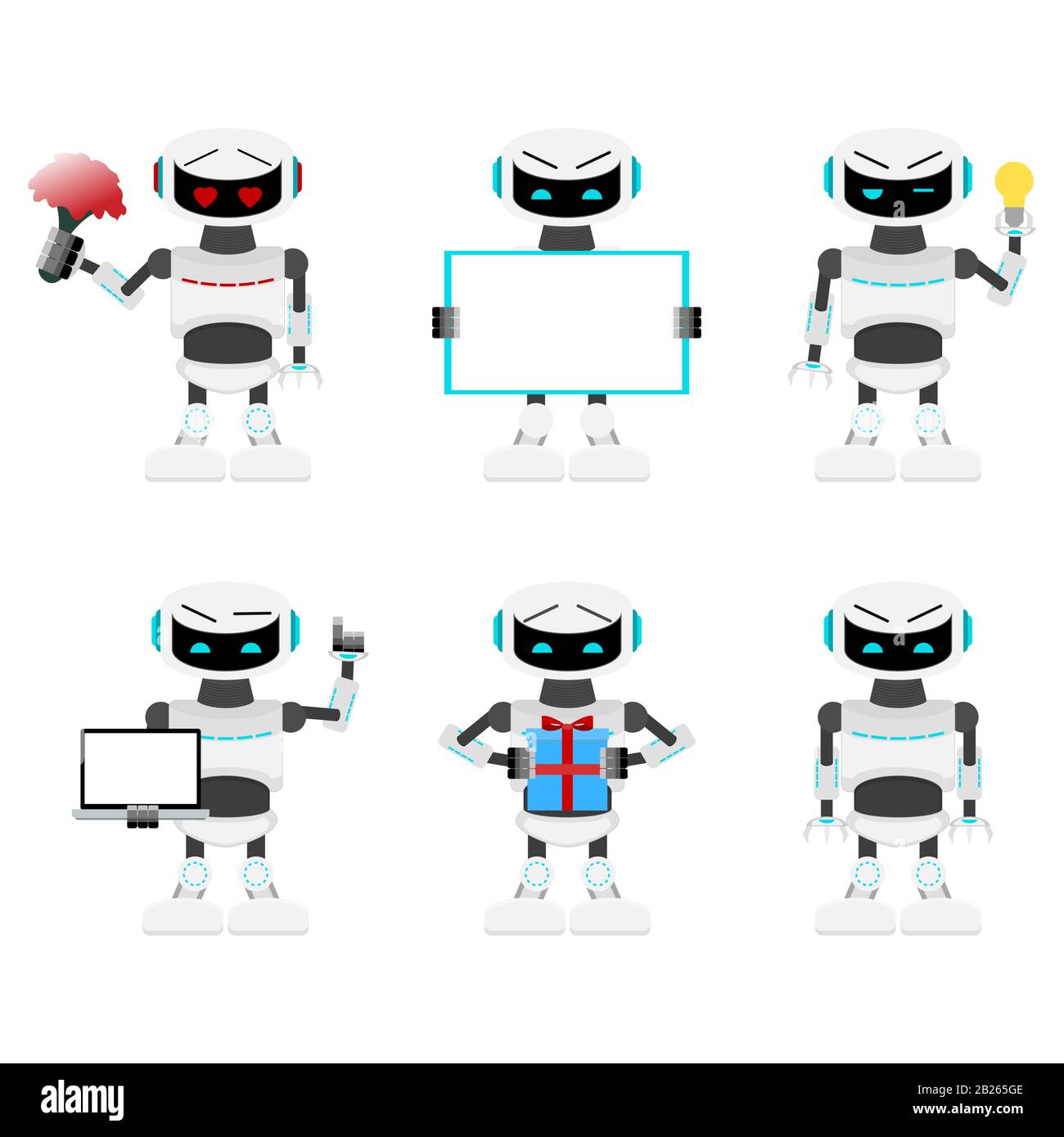 Robots set poses and action. Cyborg with laptop or flowers, android mechanical present gift, robotic pose emotion with idea. Vector illustration Stock Vector